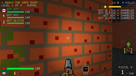 Rifle tracer streaks down a brick corridor toward a group of infected