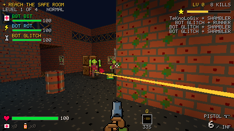 Infected shamble past an ammo crate in a boarded-up building