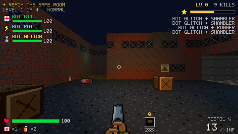 A dark street with crates, lit only by the flashlight