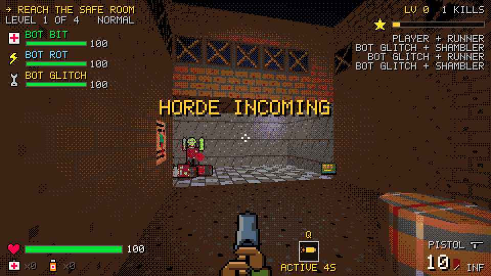 In-game screenshot: a horde warning flashes over a tiled room lit by the team's flashlights while a shambler closes in