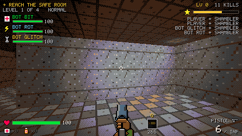 A tiled room lit by a warm lamp, checkered floor and metal ceiling