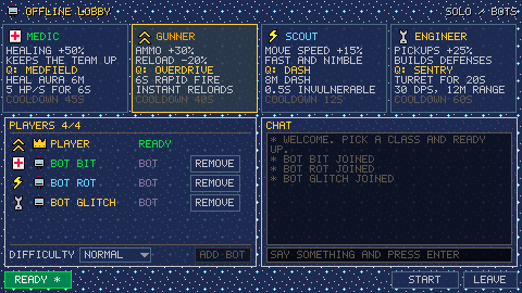 The lobby screen with four class cards, a player list and chat