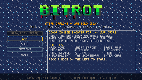 The main menu with the BITROT logo and the mode list