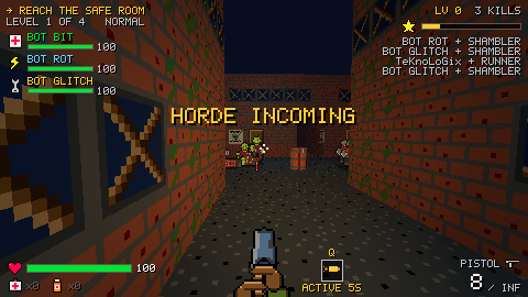 A night street between brick facades with a horde incoming warning