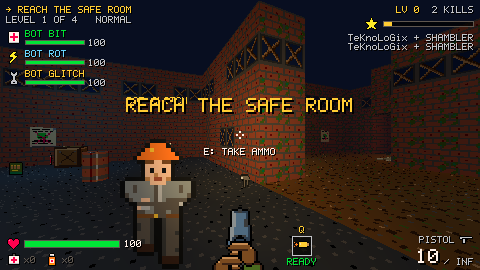 A survivor in an orange hard hat stands ahead near the safe room door